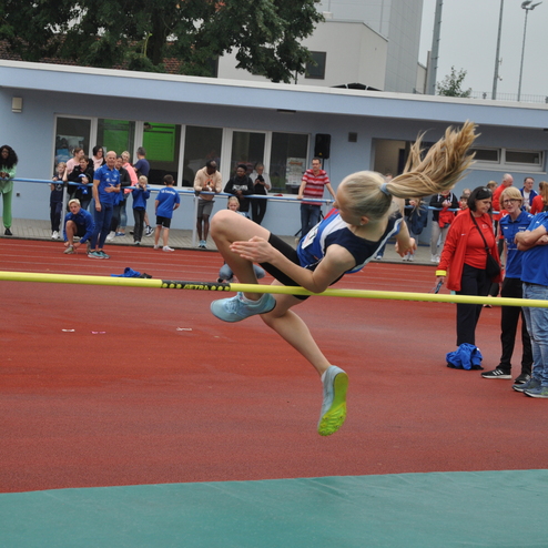 M&auml;dchen springt &uuml;ber eine Hochsprunglatte, w&auml;hrend Zuschauer auf einer Sportveranstaltung im Hintergrund zuschauen.