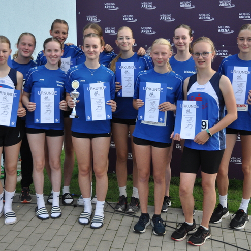 Gruppe von Athletinnen in blauen Trikots, die Urkunden und einen Pokal nach einem Wettkampf pr&auml;sentieren.