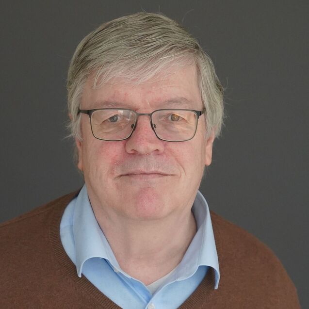 Portrait eines Mannes mit Brille, grauen Haaren und braunem Pullover vor einem grauen Hintergrund.