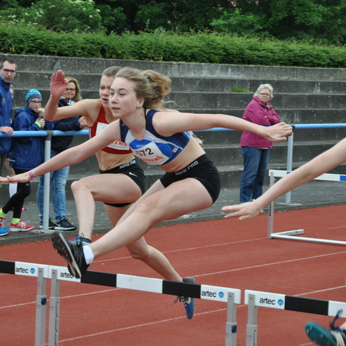 Vier Hürdenläuferinnen springen über Hürden auf einer Laufbahn, Zuschauer sind im Hintergrund sichtbar.