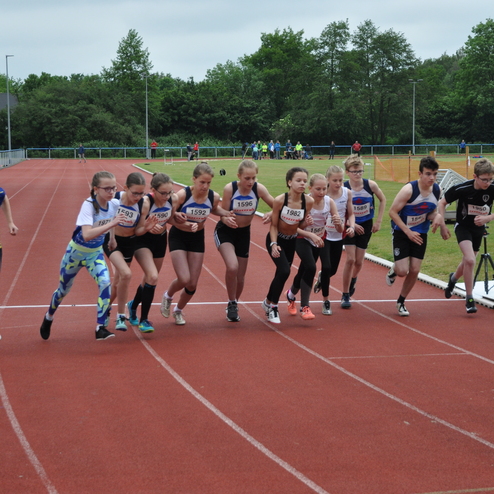Gruppierung von Kindern beim Start eines Leichtathletikrennens auf einer roten Bahn, umgeben von Zuschauern und Bäumen.