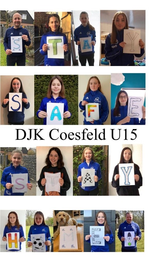 Gruppenfoto von DJK Coesfeld U15 mit Jugendlichen, die Buchstaben für "STAY SAFE, STAY HOME" halten.