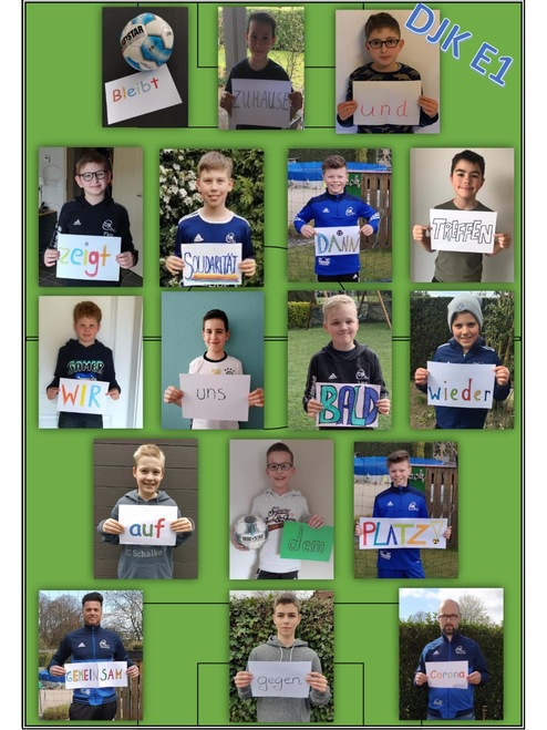 Kollage mit Spielern der DJK E1, die Wörter für Zusammenhalt während der Coronakrise halten, umgeben von Fußballatmosphäre.