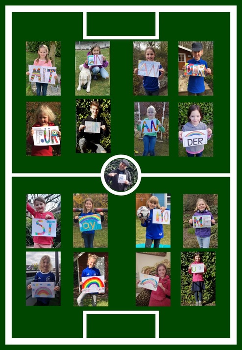 Kollage von Kindern, die Plakate mit aufmunternden Botschaften in einem Fußballfeld-Hintergrund halten.