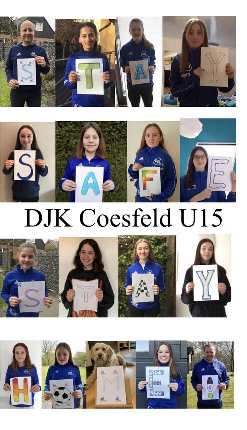 Gruppenfoto von DJK Coesfeld U15, Mitglieder halten Buchstaben für den Slogan „STAY SAFE AT HOME“.