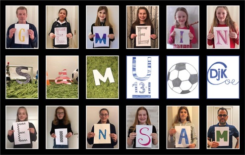 Collage von Personen mit Buchstaben, die das Wort „Gemeinsam“ und „DJK Coe“ formen, um Teamgeist zu zeigen.