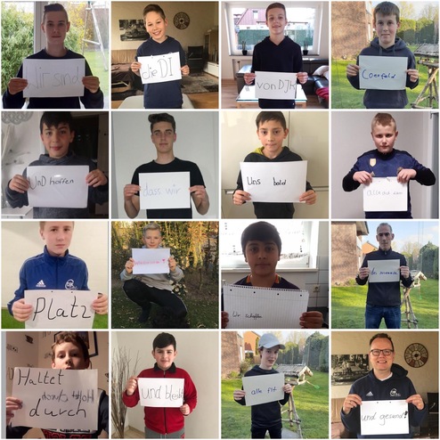 Collage von 12 Personen, die Schilder mit motivierenden Botschaften für ihren Verein halten.