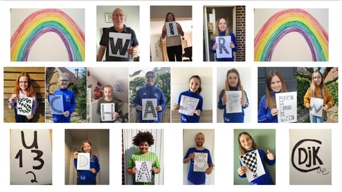 Collage mit Personen, die Buchstaben und Zahlen halten, um ein Wort zu bilden, darunter ein Regenbogen und sportliche Kleidung.