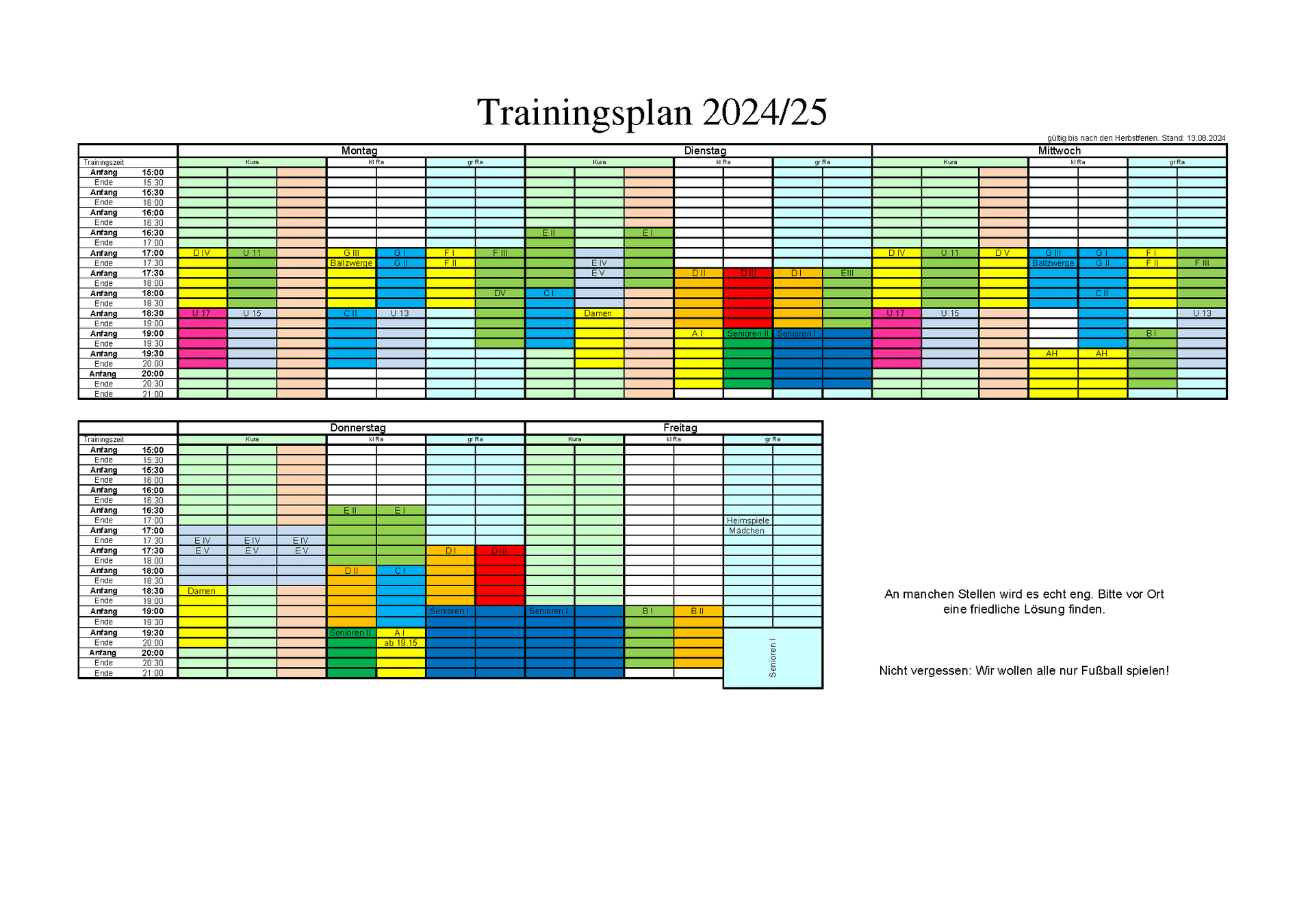 Trainingsplan 2024/25 mit wöchentlichen Zeitplänen für verschiedene Gruppen von Montag bis Freitag.