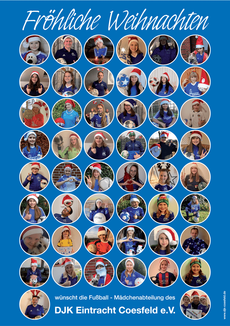 Kollage mit vielen Fußballspielern in Weihnachtsmützen, die Grüße der DJK Eintracht Coesfeld e.V. senden.