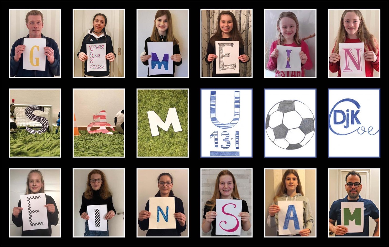 Gruppenbild von Personen, die einzelne Buchstaben halten, um das Wort "Gemeinsam" und DJK. Coe zu bilden.