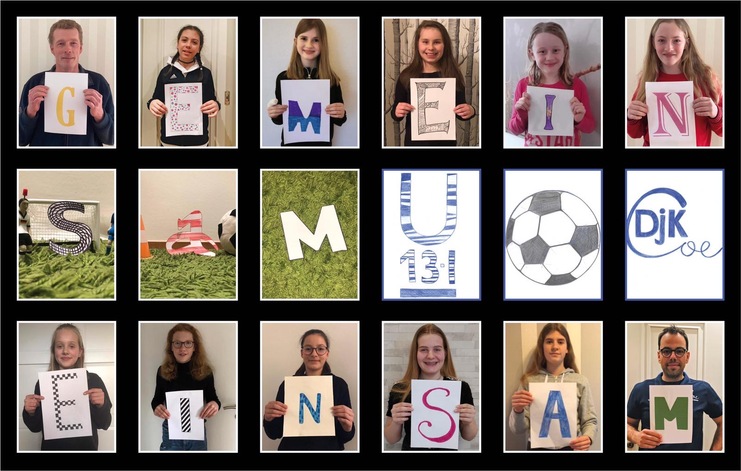 Gruppenbild von Personen, die einzelne Buchstaben halten, um das Wort "Gemeinsam" und DJK. Coe zu bilden.