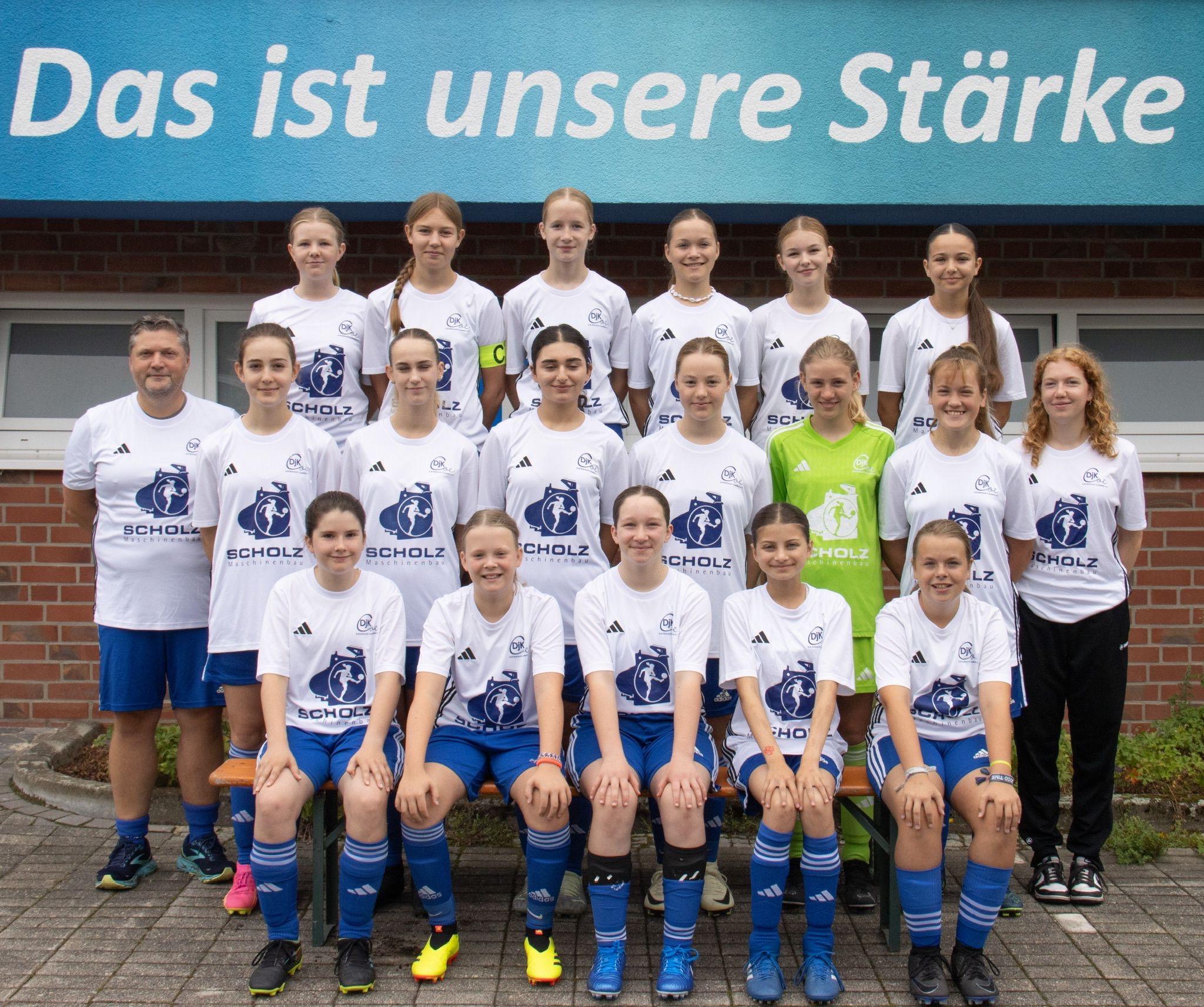 Gruppenfoto von 16 Fußballspielerinnen in weißen Trikots vor einem Wandbanner mit der Aufschrift „Das ist unsere Stärke“.