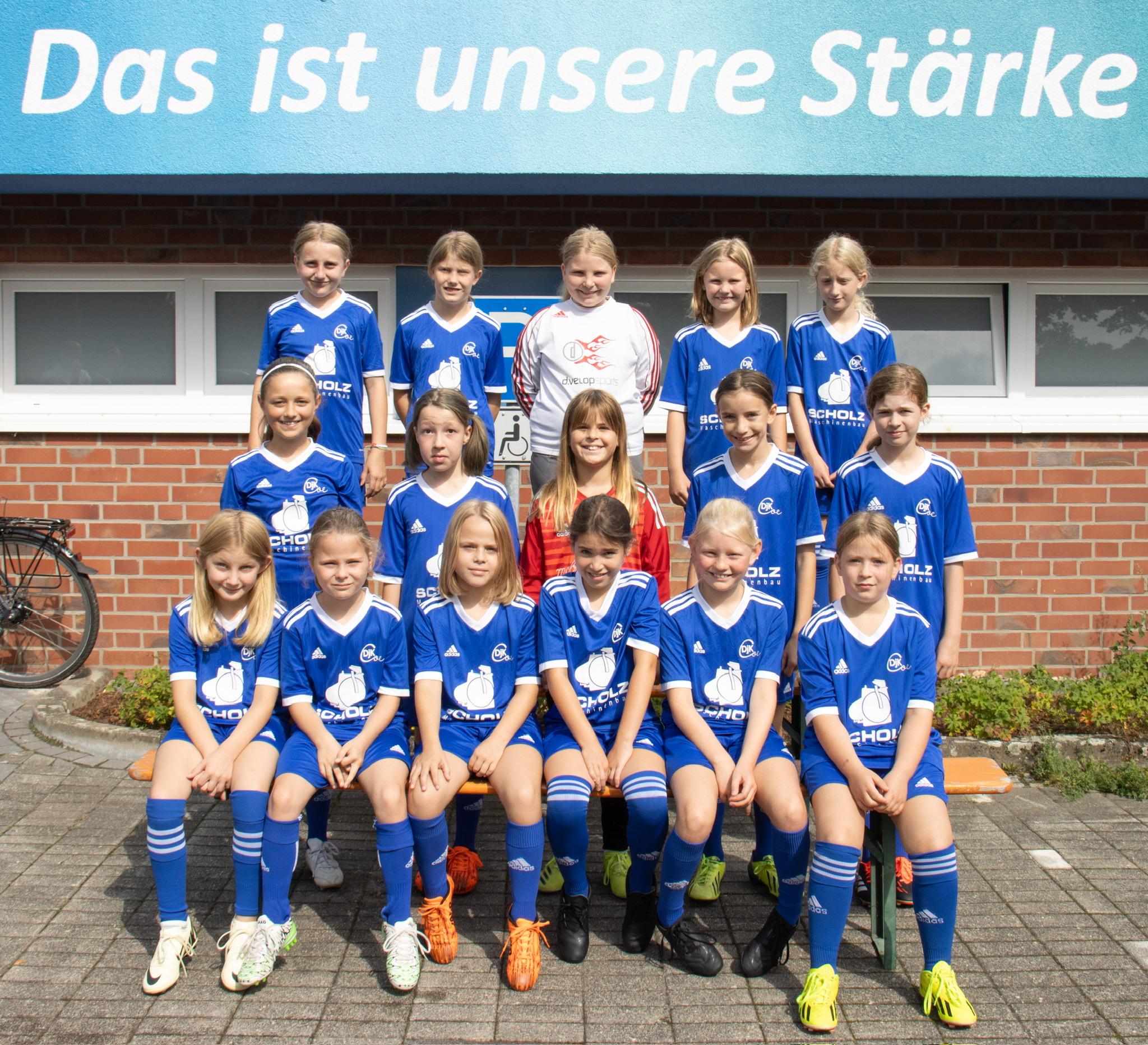 Mädchenfußballmannschaft in blauen Trikots posiert vor einer Wand mit dem Schriftzug „Das ist unsere Stärke“.