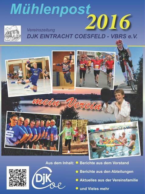 Collage der Vereinszeitung &bdquo;M&uuml;hlenpost 2016&ldquo; mit Sportbildern von DJK Eintracht Coesfeld und Vereinsaktivit&auml;ten.