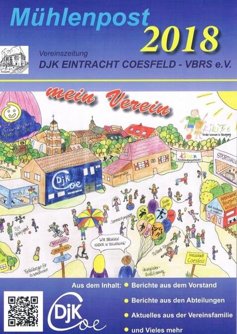 Bunt illustrierte Vereinszeitung „Mühlenpost 2018“ der DJK Eintracht Coesfeld mit Aktivitäten und Veranstaltungen.