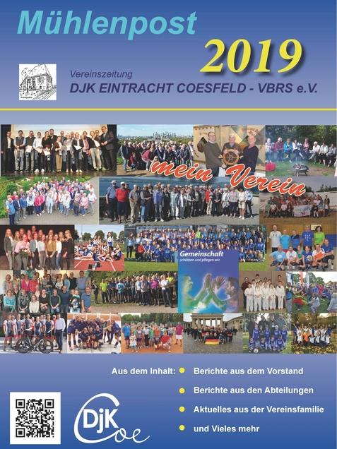 Cover der Vereinszeitung &bdquo;M&uuml;hlenpost 2019&ldquo; mit Fotos von Vereinsaktivit&auml;ten und dem Titel &bdquo;mein Verein&ldquo;.