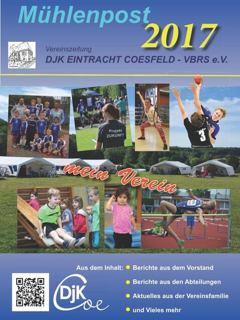 Cover der Vereinszeitung „Mühlenpost 2017“ mit Bildern von Sportveranstaltungen und Vereinsaktivitäten der DJK Eintracht Coesfeld.