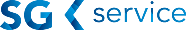 Logo mit dem Schriftzug „SG service“ in Blau- und Türkistönen, stilisiert mit geometrischen Formen.