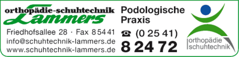 Logo der Podologischen Praxis Lammers mit Kontaktdaten und Adresse auf grünem Hintergrund.