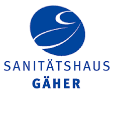 Logodesign des Sanitätshauses Gäher mit stilisiertem blauen Symbol und Schriftzug in Blau.