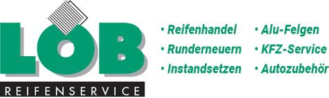 Logo von LOB Reifenservice mit den Leistungen: Reifenhandel, Rundneueren, KFZ-Service, Alu-Felgen und Autozubehör.