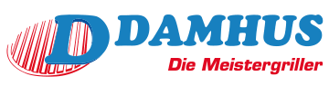 Logo von DAMHUS, einem Hersteller von Grillgeräten, mit rot-blauem Schriftzug auf weißem Hintergrund.