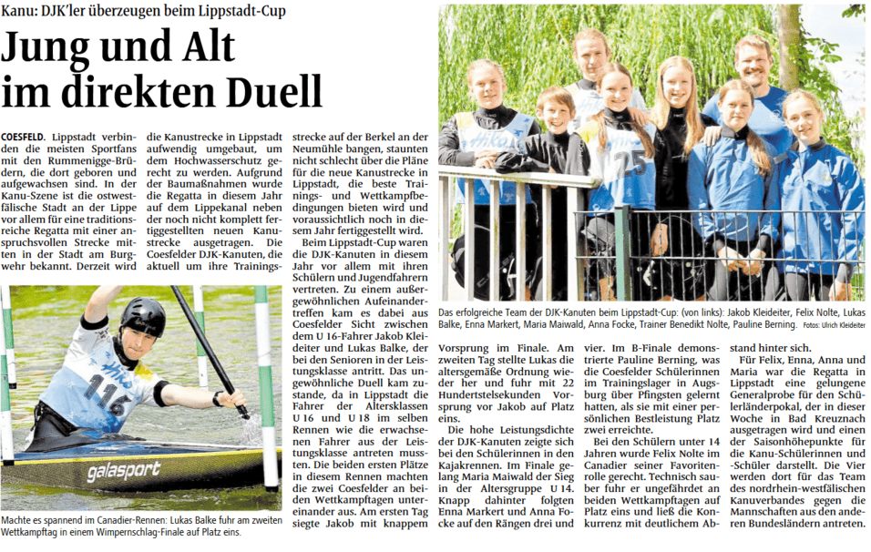 Gruppenfoto des DJK-Kanu-Teams beim Lippstadt-Cup, bestehend aus acht jungen Kanuten und einem Trainer.