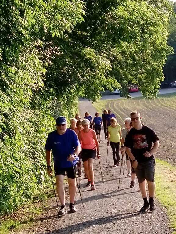 Gruppe von Menschen beim Nordic Walking auf einem schmalen Weg, umgeben von Bäumen und Feldern.