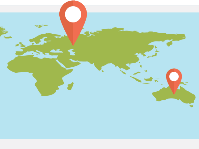 Karte der Welt mit drei roten Standortmarkierungen &uuml;ber verschiedenen Regionen.