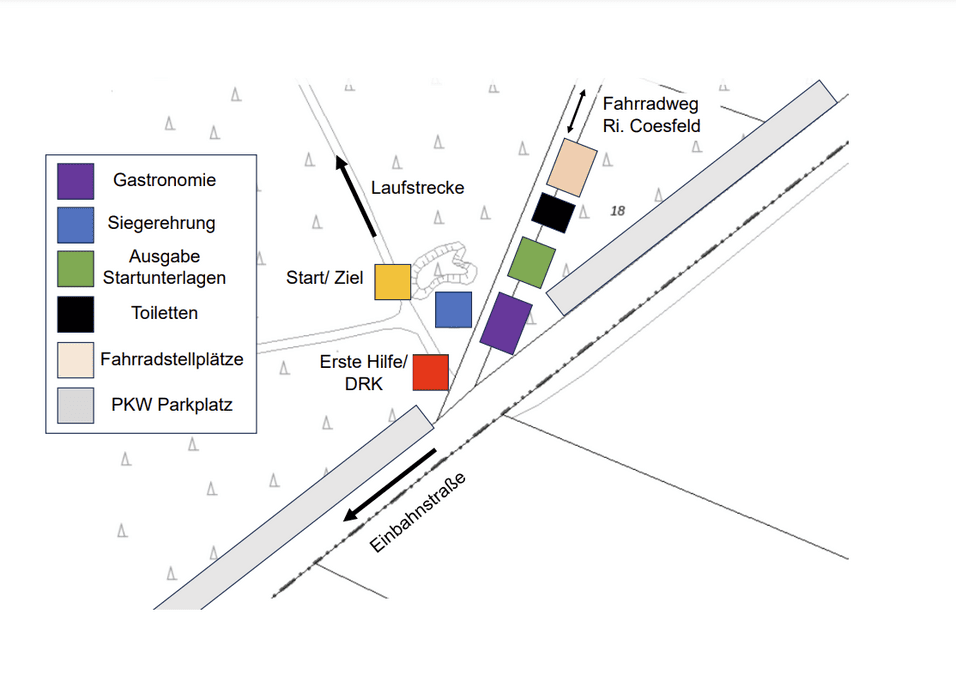 Übersichtliche Karte eines Veranstaltungsgeländes mit Beschriftungen zu Start/Ziel, Erste Hilfe und verschiedenen Einrichtungen.