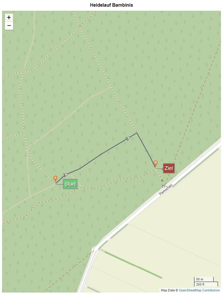 Karte des Heidelauf Bambinis mit eingezeichnetem Start- und Zielpunkt sowie Vegetation im Hintergrund.
