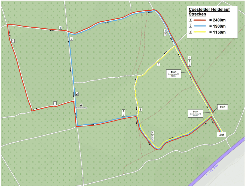 Karte des Coesfelder Heidelaufs mit drei Streckenlängen: 2400m, 1900m und 1150m, inklusive Start- und Zielpunkten.