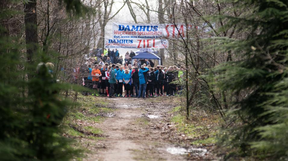 Starterfeld mit Teilnehmern vor dem Banner "START" im Wald bei einem Laufereignis. Bäume und ein Weg im Vordergrund.