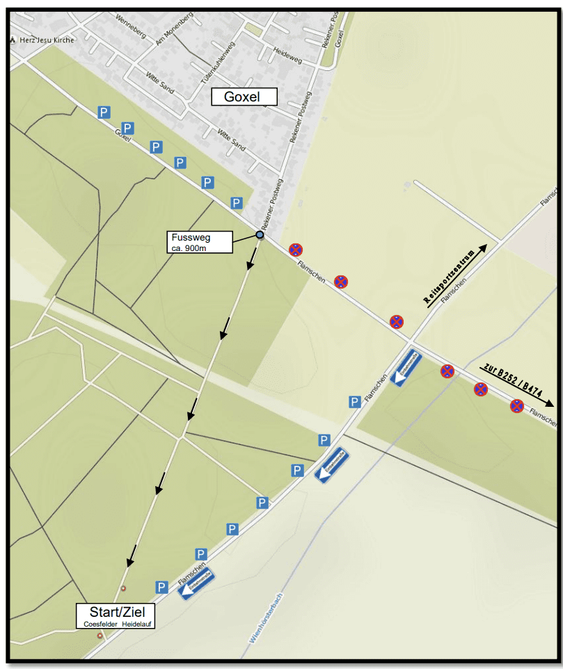 Kartenübersicht des Coesfelder Heidelaufs mit Parkplätzen, Fußweg und Start/Ziel-Bereich eingezeichnet.