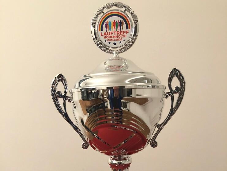 Silberner Pokal mit Aufschrift „Sieger 2021“ und buntem Logo auf rotem Untergrund.