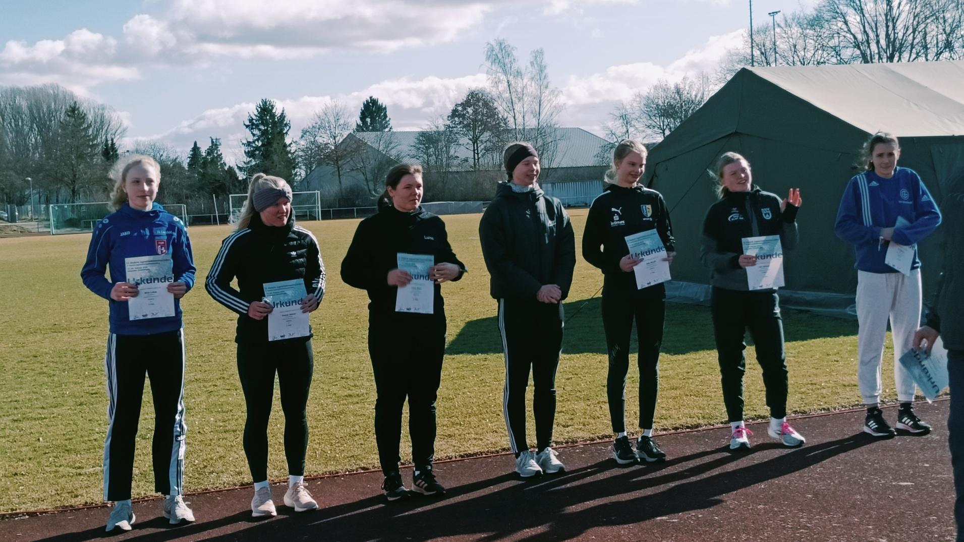 Sechs Frauen stehen auf einem Sportplatz und halten Urkunden in den Händen, mit Wolken am Himmel.