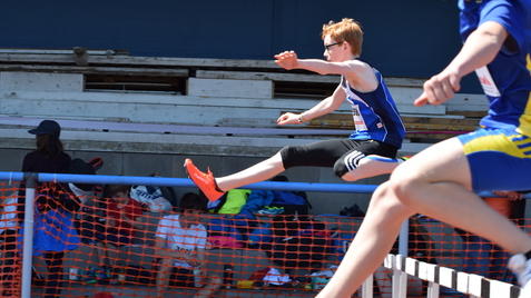 Springender Athlet in blauer Sportkleidung &uuml;berquert eine H&uuml;rde, w&auml;hrend Zuschauer im Hintergrund warten.