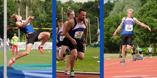 Drei Athleten in Aktion: Hochsprung, Sprintstaffel und Weitsprung auf einem Sportplatz mit Zuschauern im Hintergrund.