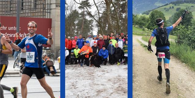 Läufer mit Sonnenbrille und blauem Shirt zeigt zwei Fingerzeichen beim Marathonlauf auf einer belebten Straße.