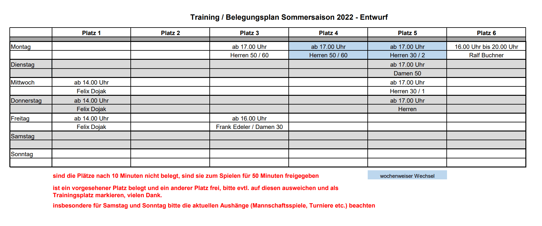 Belegungsplan für Trainingszeiten der Sommersaison 2022, inklusive Platzbelegung und Trainer.