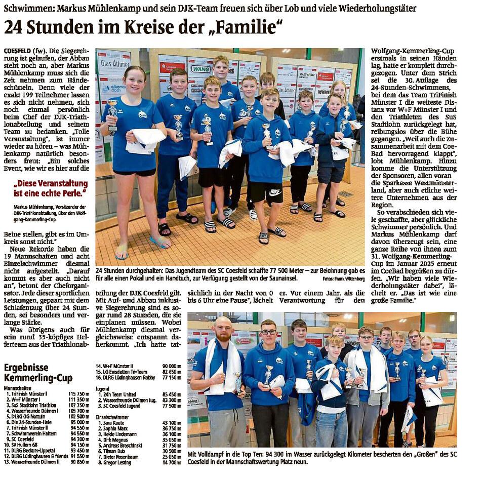 Gruppenfoto der Schwimmer des DJK-Teams mit Pokalen und Medaillen nach dem Kemmerling-Cup in Coesfeld.