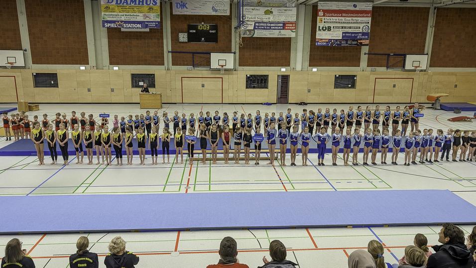 Gruppenausstellung von jungen Turnerinnen in verschiedenen Sportanzügen auf einer Gymnastikfläche in einer Sporthalle.
