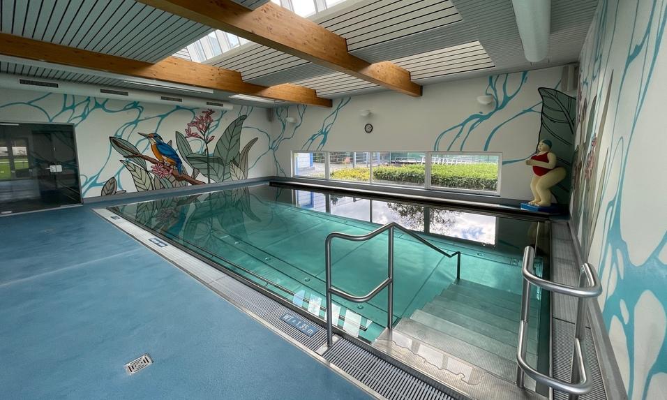 Innenansicht eines Schwimmbads mit glasklarem Wasser, Holzdeckenkonstruktion und bunten Wandmalereien.