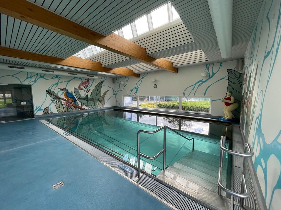 Innenansicht eines Schwimmbads mit glasklarem Wasser, Holzdeckenkonstruktion und bunten Wandmalereien.