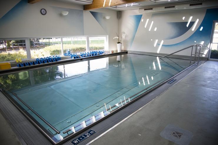 Innenansicht eines Schwimmraums mit einem klaren Wasserbecken, blauen Trainingsgeräten und großen Fenstern.