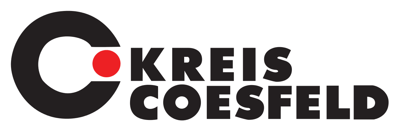 Logo des Kreises Coesfeld mit einem schwarzen C, einem roten Punkt und dem Schriftzug "KREIS COESFIELD" in schwarzer Schrift.