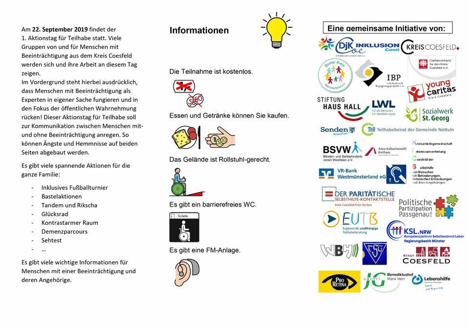Informationsblatt zu einem Aktionstag für Teilhabe mit Programmpunkten und unterstützenden Organisationen.