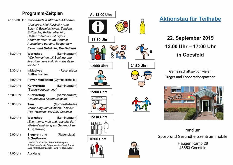 Programm-Zeitplan für den Aktionstag für Teilhabe in Coesfeld, inkl. Uhrzeiten, Workshops und Aktivitäten.