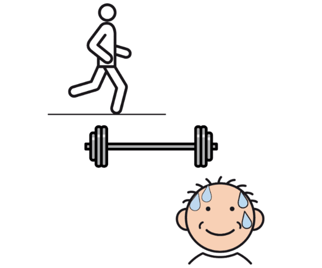 Symbolhafte Darstellung: Eine Figur joggt, eine Langhantel liegt darunter, und ein lächelndes, schweißgebadetes Gesicht ist sichtbar.